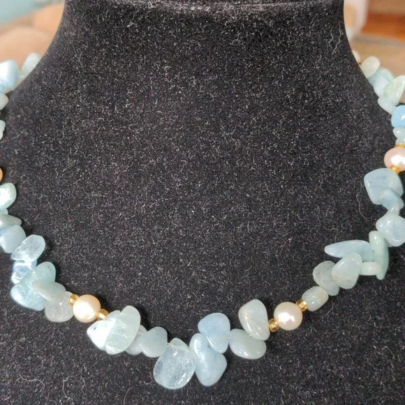 Genuine Aqua & pearl necklace. New Handcrafted. 18 ". Gold accents - Picture 1 of 8